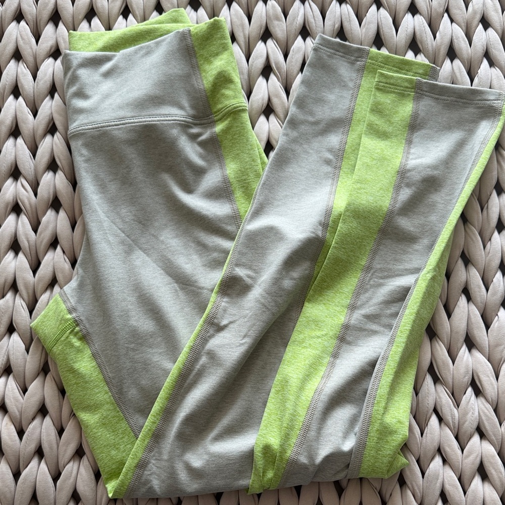 Noli Yoga Light Olive Leggings with Neon Green Side Panels